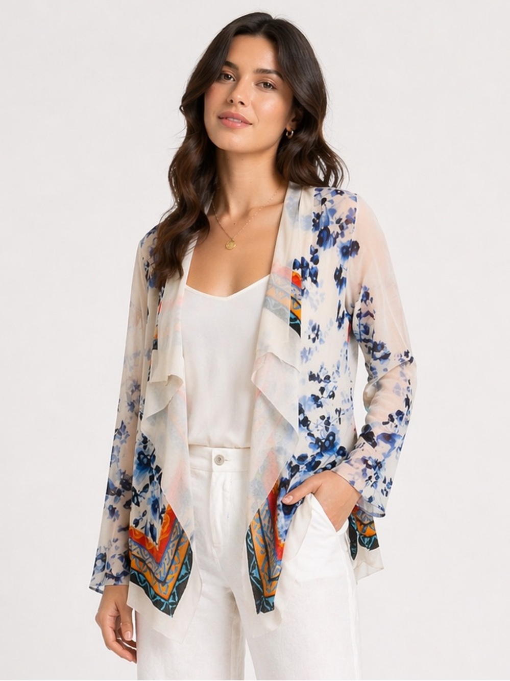 Fuzzi Italy Sheer Floral Mesh Cardigan LARGE Top Blue Print lightweight chic